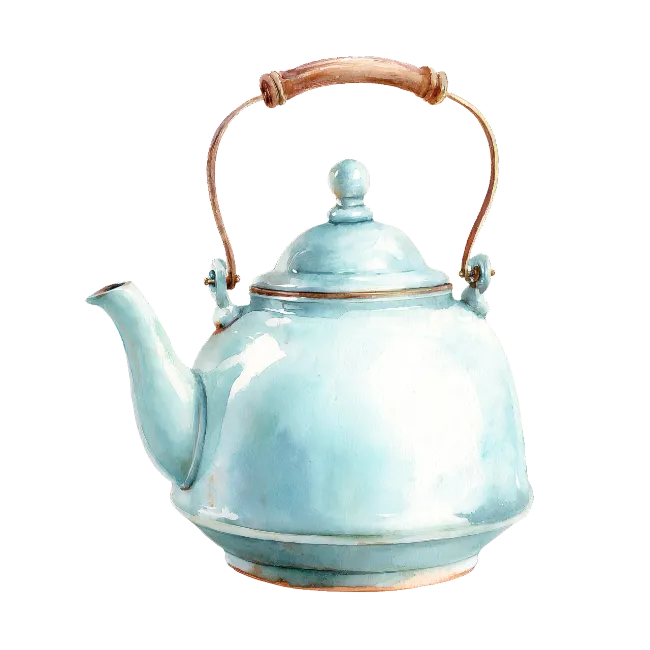 Watercolor illustration of a blue vintage teapot