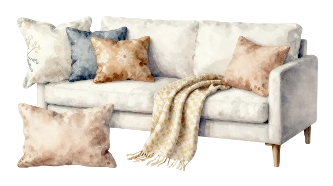 Watercolor illustration of a cozy sofa with pillows
