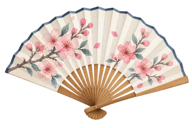 Watercolor Japanese Hand Fan with Cherry Blossoms