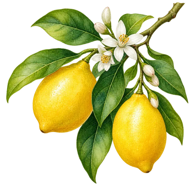 Watercolor Lemon Branch with Blossoms