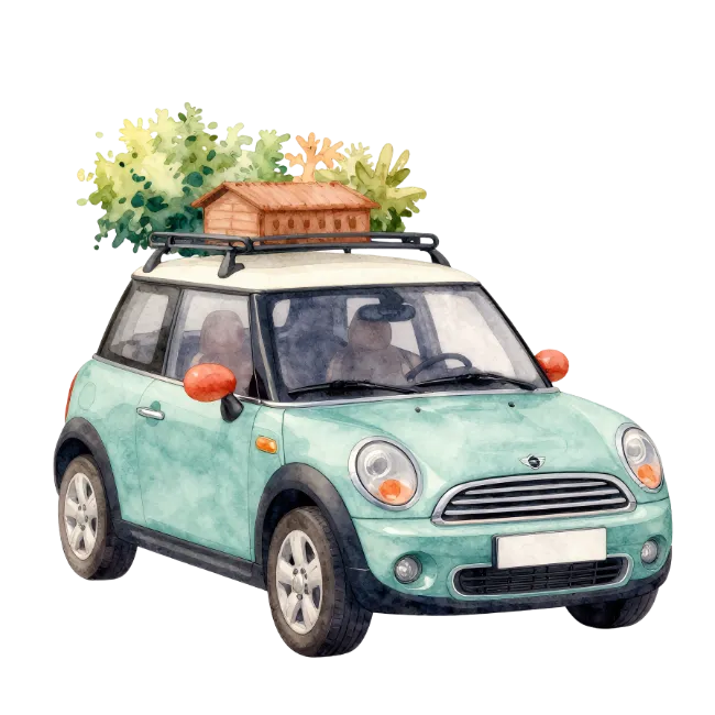 Watercolor Light Blue Mini Cooper with Roof Rack and Trees