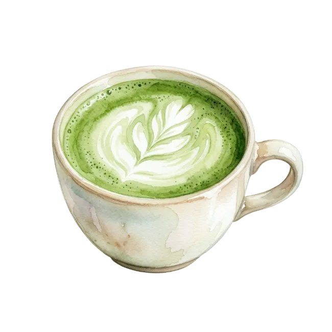 Watercolor Matcha Green Tea Latte in Ceramic Cup