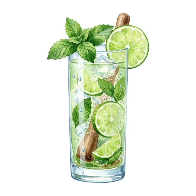 Watercolor Mojito Cocktail with Lime and Mint