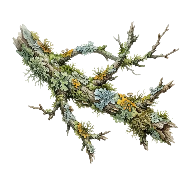 Watercolor mossy tree branch with lichen