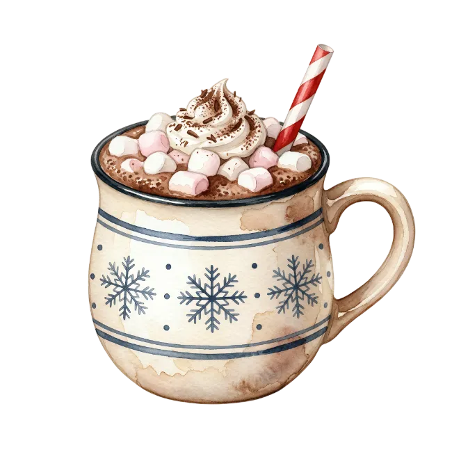 Watercolor mug of hot chocolate with marshmallows
