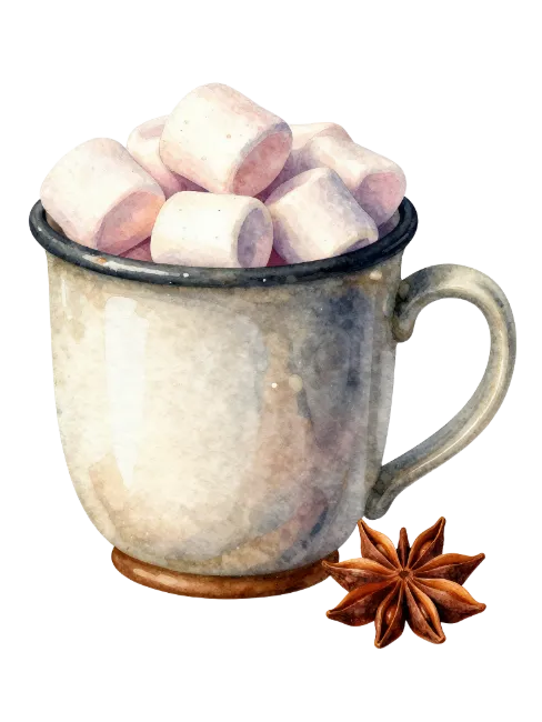 Watercolor mug of hot chocolate with marshmallows