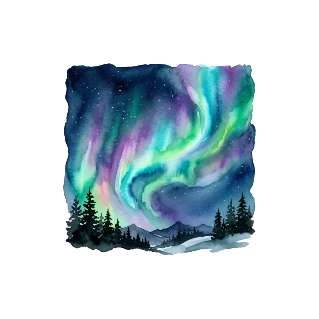 Watercolor Northern Lights Over Pine Forest