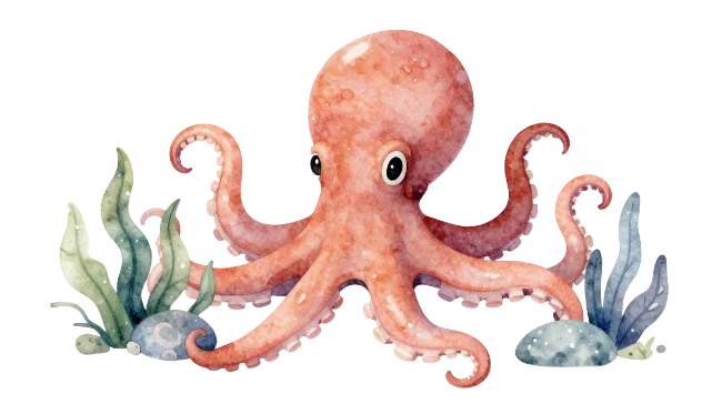 Watercolor Octopus with Seaweed