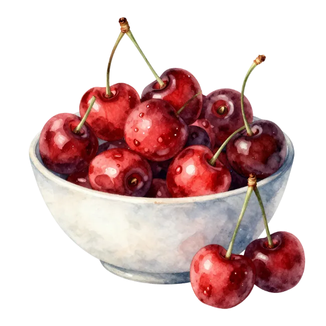 Watercolor Painting of Cherries in a Bowl