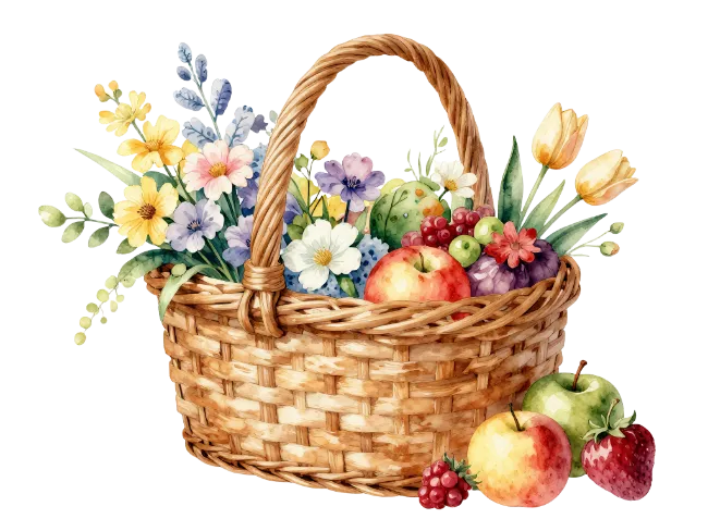 Watercolor Picnic Basket Filled with Flowers and Fruits