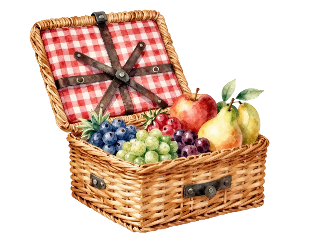 Watercolor Picnic Basket Filled With Fresh Fruit