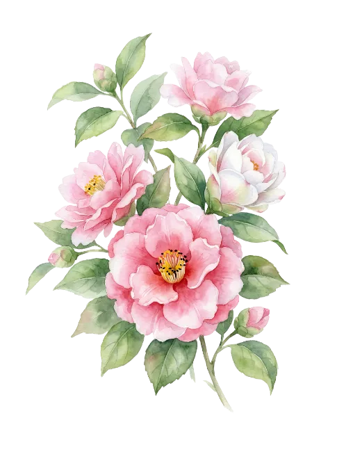 Watercolor Pink And White Camellia Flower Arrangement