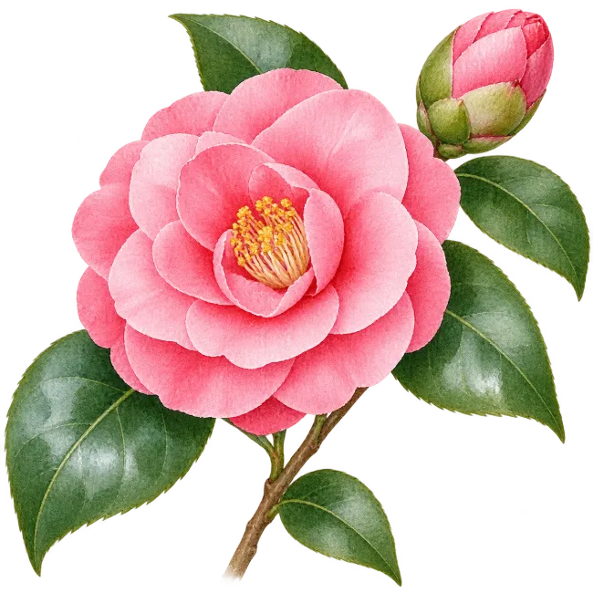 Watercolor Pink Camellia Flower Branch