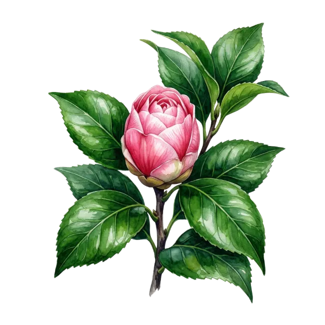 Watercolor Pink Camellia Flower with Green Leaves