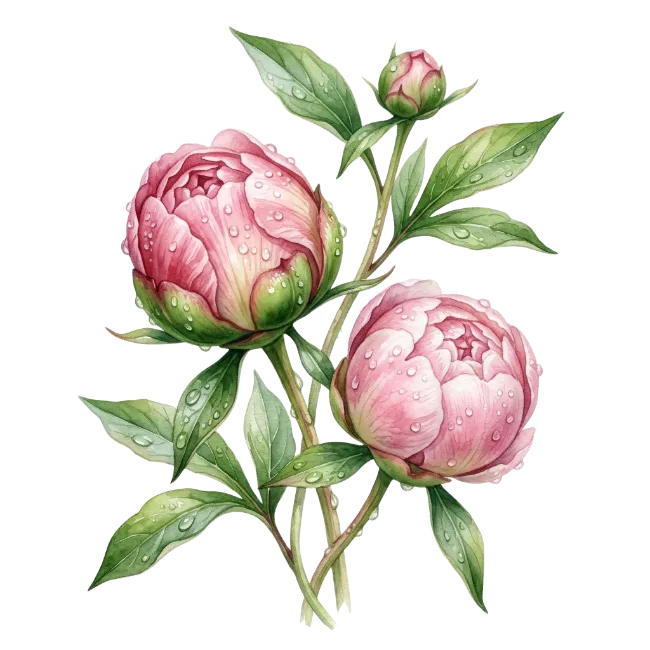 Watercolor Pink Peonies with Dew Drops