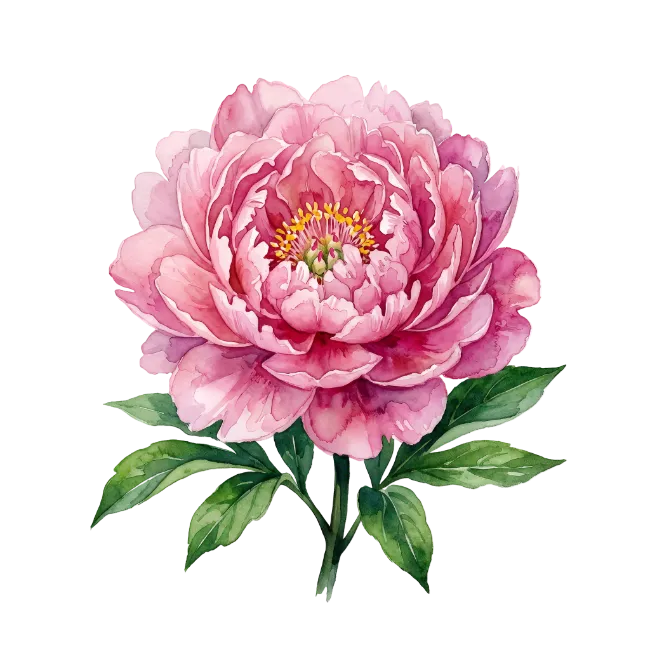 Watercolor Pink Peony Flower with Green Leaves