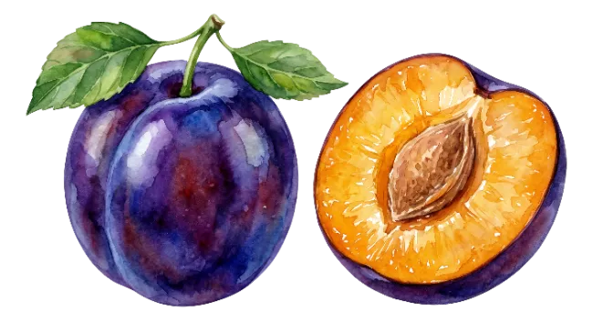 Watercolor Plum Fruit Illustration with Leaves and Half Slice