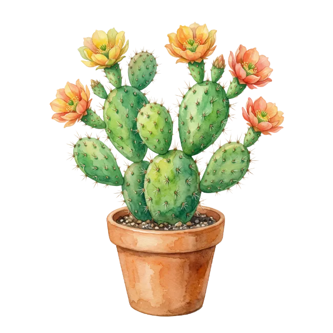 Watercolor Potted Cactus with Orange Flowers