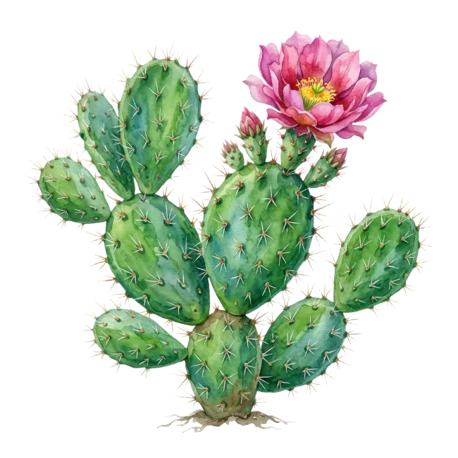 Watercolor Prickly Pear Cactus with Pink Flower