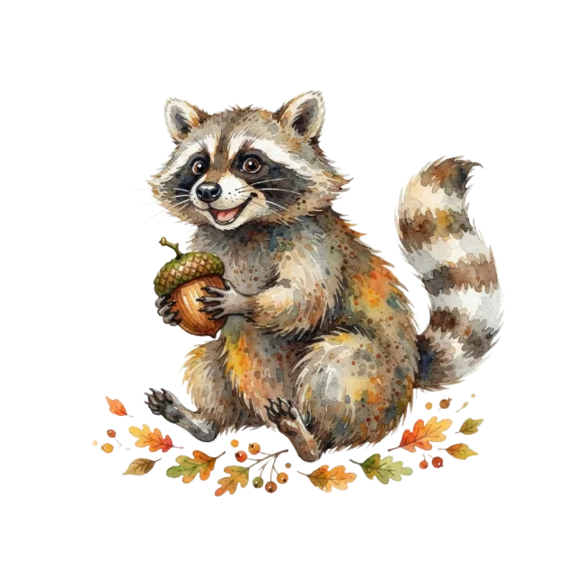 Watercolor Raccoon Holding an Acorn