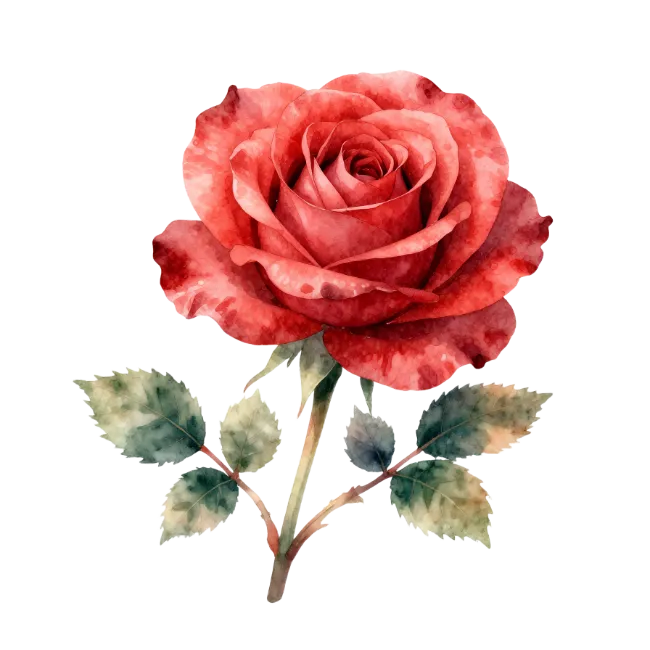Watercolor red rose flower with stem and leaves