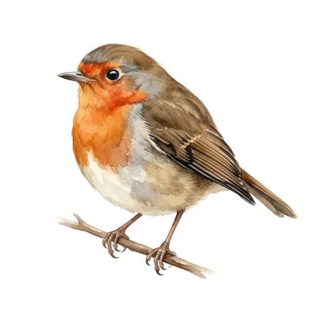 Watercolor Robin Bird Perched on Branch
