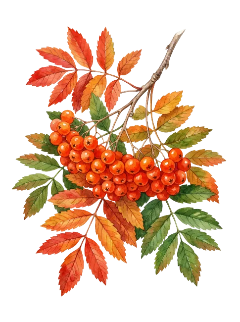 Watercolor Rowan Branch with Berries