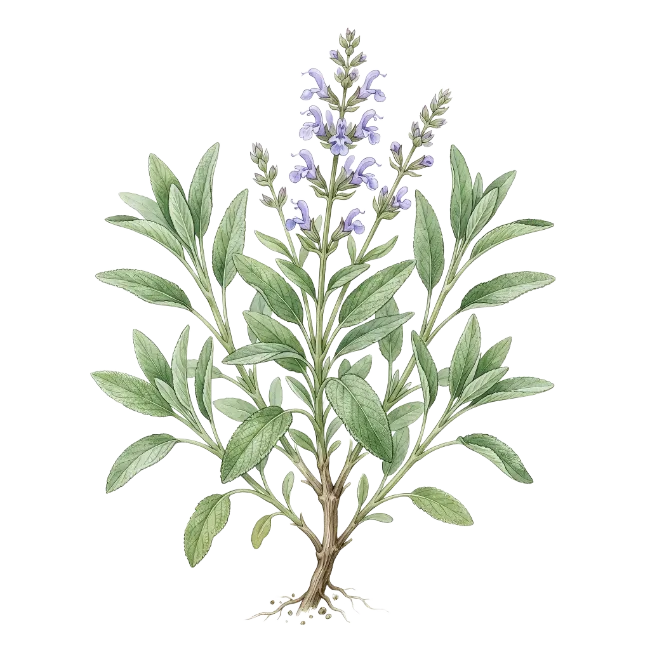 Watercolor Sage Plant Illustration with Roots and Purple Flowers