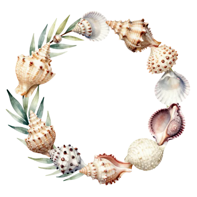 Watercolor Seashell Wreath with Green Leaves