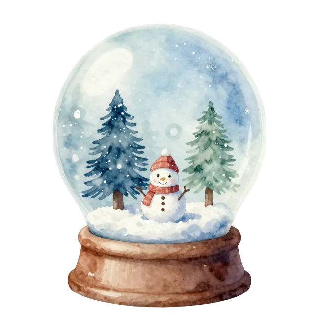 Watercolor Snow Globe with Snowman and Pine Trees