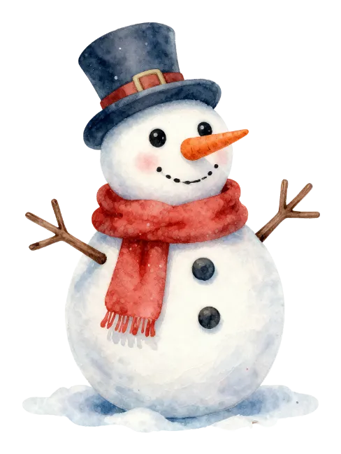 Watercolor Snowman with Top Hat and Red Scarf