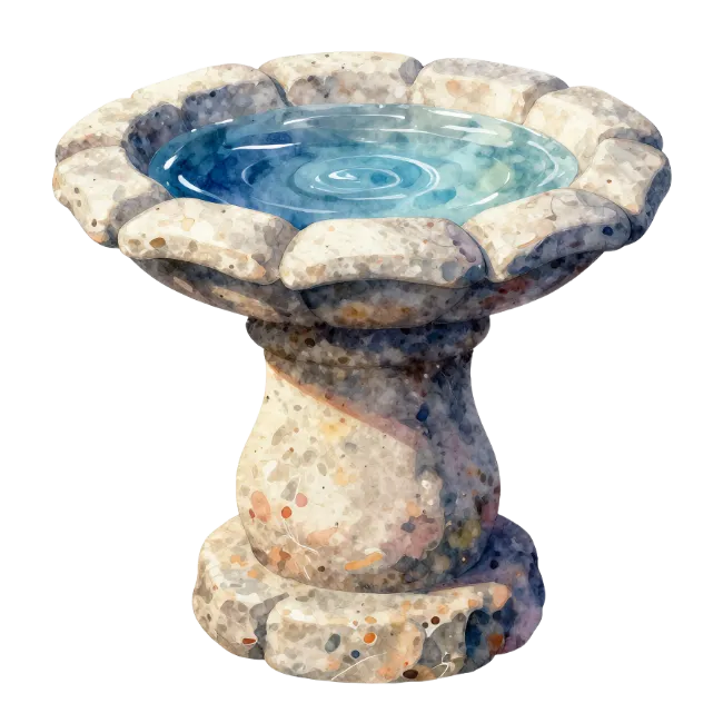 Watercolor Stone Birdbath with Water