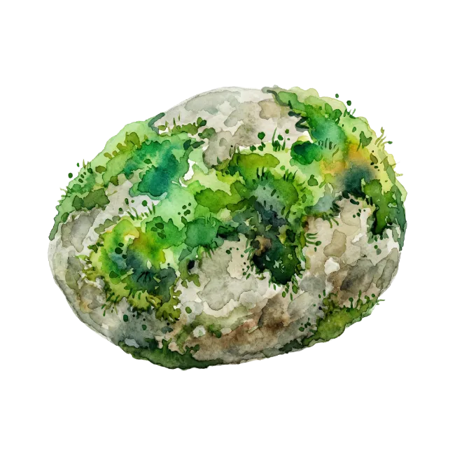 Watercolor Stone Covered in Vibrant Green Moss