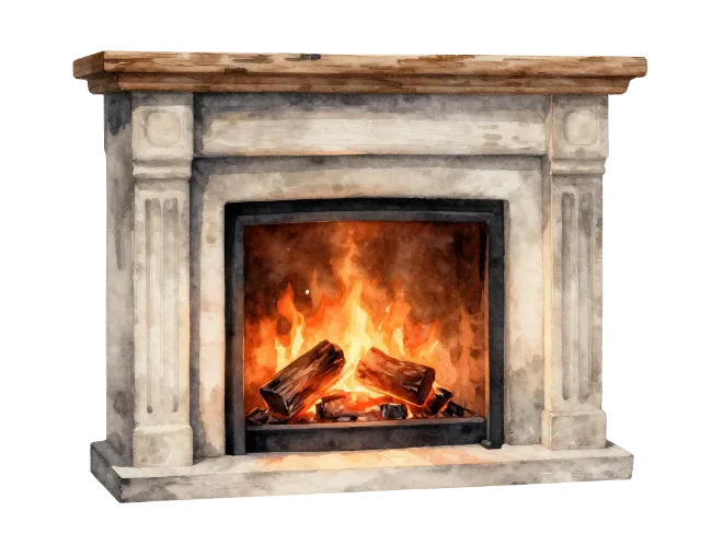 Watercolor Stone Fireplace with Burning Logs