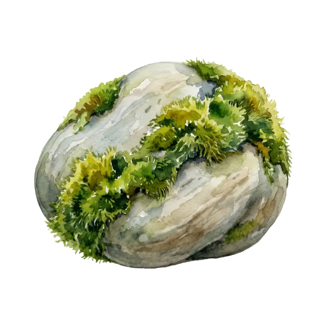 Watercolor Stone with Green Moss