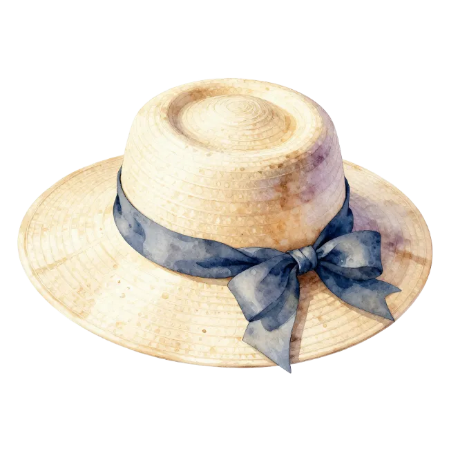 Watercolor Straw Hat with Blue Ribbon