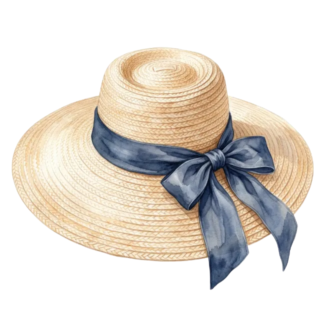 Watercolor Straw Sun Hat with Dark Blue Ribbon
