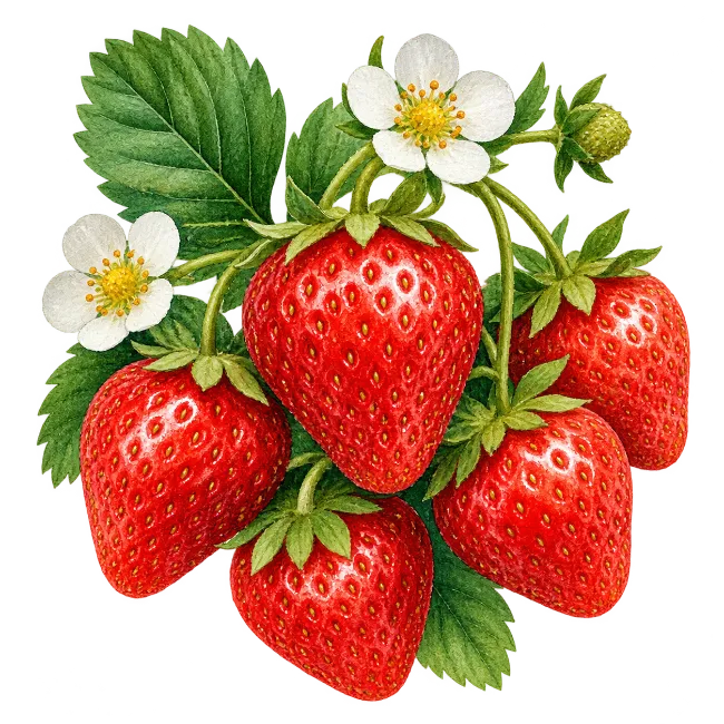 Watercolor Strawberry Plant with Berries and Flowers