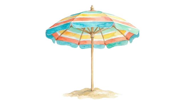 Watercolor Striped Beach Umbrella on Sand