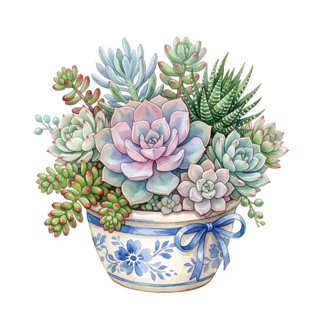 Watercolor Succulents in Ceramic Pot