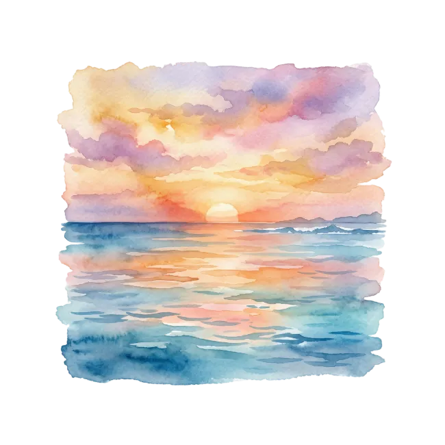 Watercolor Sunset Over Ocean Waves