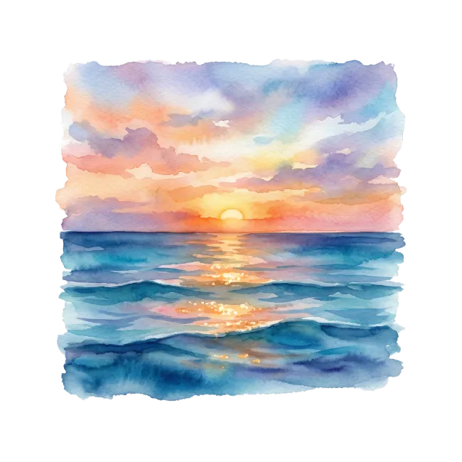 Watercolor Sunset Over Ocean Waves