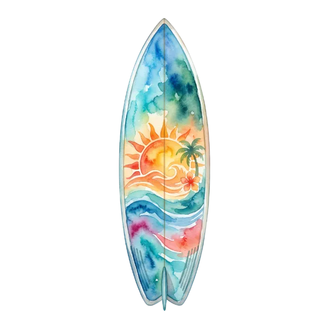 Watercolor Surfboard with Tropical Sun and Palm Tree Art