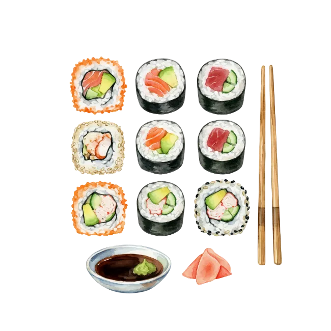 Watercolor Sushi Set with Soy Sauce and Chopsticks