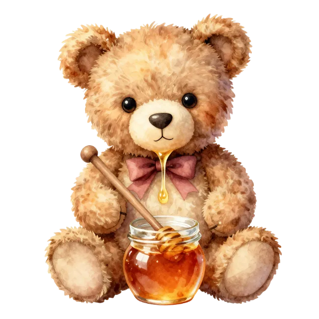 Watercolor teddy bear with honey pot