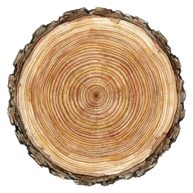 Watercolor tree stump cross section with visible rings