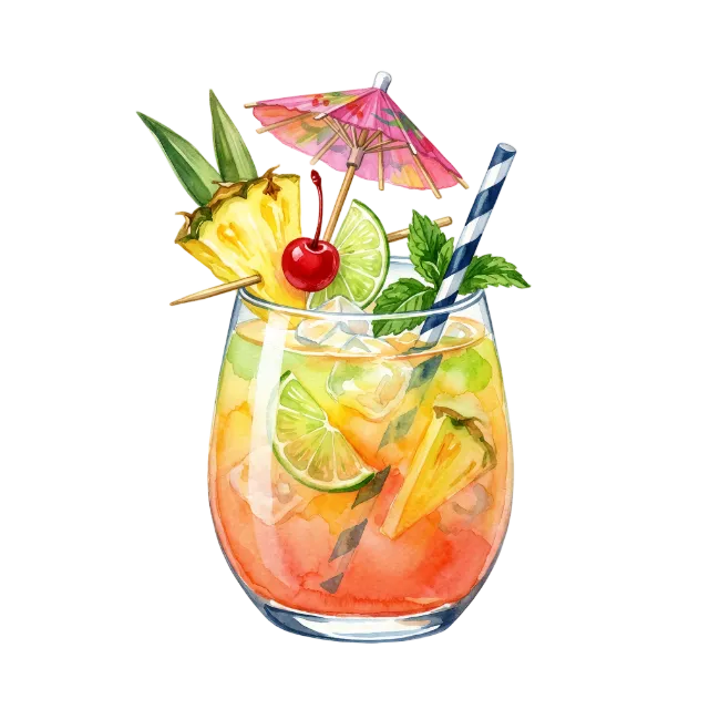 Watercolor tropical cocktail with fruit garnish