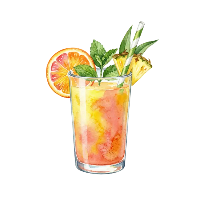 Watercolor tropical cocktail with orange and pineapple