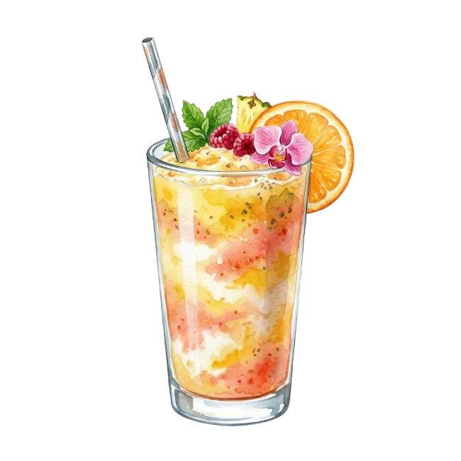 Watercolor tropical fruit smoothie with garnish
