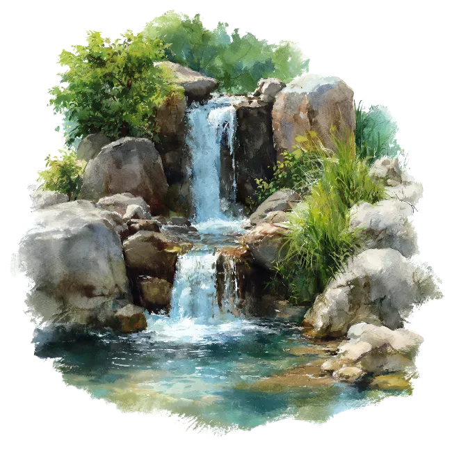 Watercolor Waterfall Painting with Rocks and Foliage